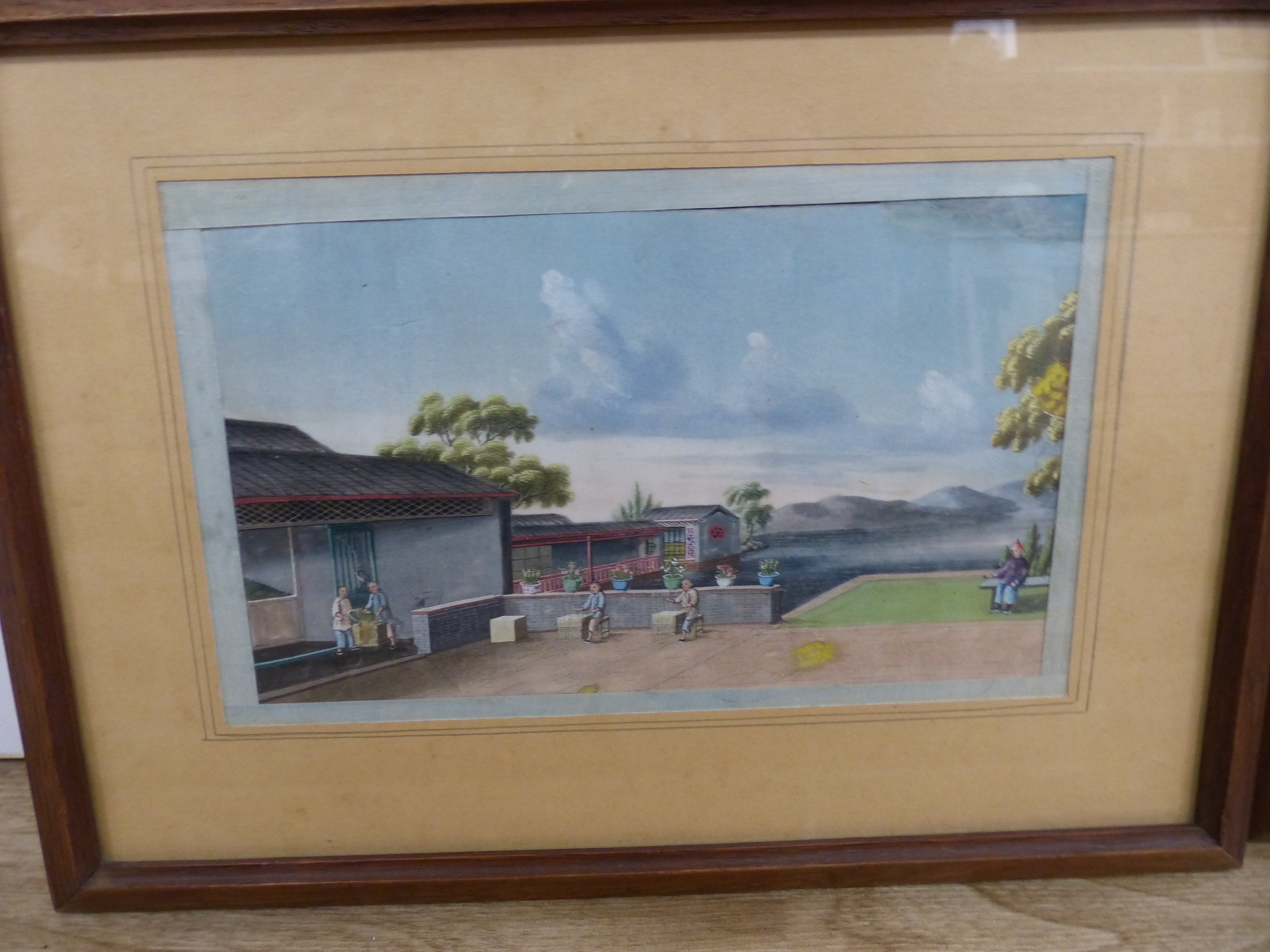 A pair of 19th century Chinese tea production paintings on rice paper, 14 x 23cm and similar group of three portraits